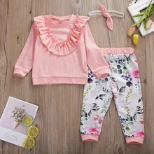 Комплект одежды из 3 предметов для маленьких девочек; топы с оборками для новорожденных; штаны с цветочным принтом; повязка на голову; одежда из хлопка; комплект из предметов