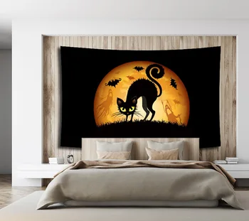 

Halloween Fullmoon Tapestry Ghost Printing Beach Blanket Cat Home Wall Decoration Cartoon Wall Hanging for Halloween Party