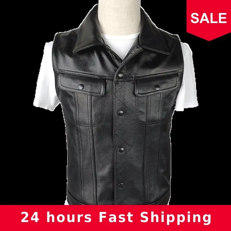 

2020 Black Men Fashion Casual Leather Vest Single Breasted Plus Size 4XL Genuine Cowhide Russian Slim Fit Leather Vest