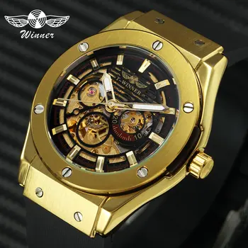 

WINNER Luxury Mens Mechanical Watches Rubber Strap Male Automatic Skeleton Steampunk Sports Wristwatch Luminous Hands Male Clock