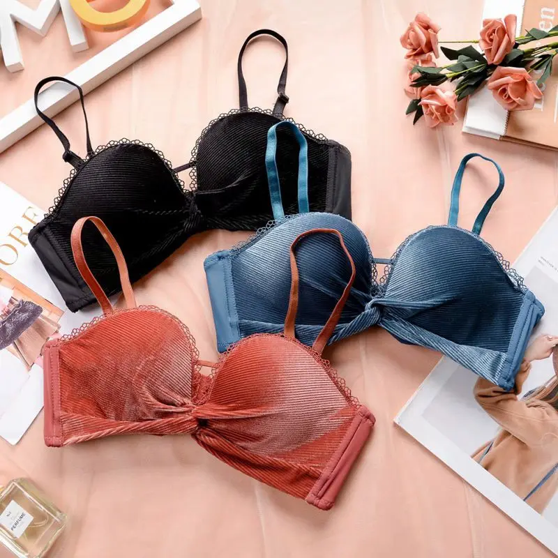 Женский простой ретро-бюстгальтер, модный бархатный крестообразный дизайн, интегрированные половина чашки, бесшовные комфортные комплекты бюстгальтеров с трусиками