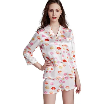 

New Summer Women Sexy Satin Silk Pajamas Sets Female V-Neck Pijama With Shorts 2 Pieces Long sleeve Pyjamas Women Sleepwear