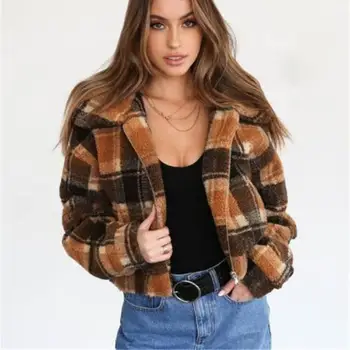 

Faux Fur Coat Jacket Fall Winter 2019 Plaid Casual Faux Fur Jacket Streetwear Short Loose Fluffy Shaggy Coats Female