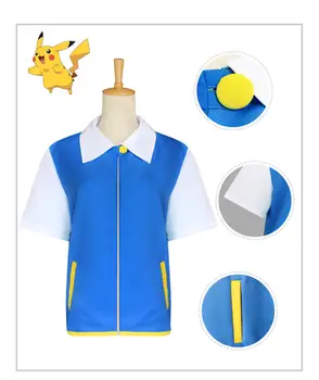 

Party costume High Quality Ash Ketchum Cosplay Costume cartoon Blue Jacket + Gloves + Hat Ash Ketchum Costumes Free shipping