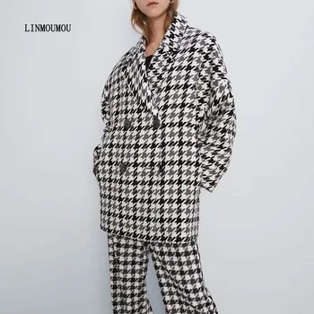 

Winter women's jacket houndstooth print lapel woolen coat double-breasted long-sleeved loose coat