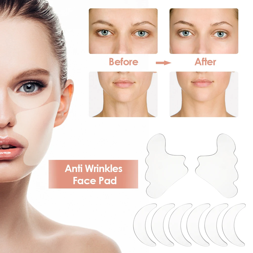 Reusable silicone wrinkle removal stickers applied on face, showcasing their effectiveness in smoothing out forehead and under-eye wrinkles.