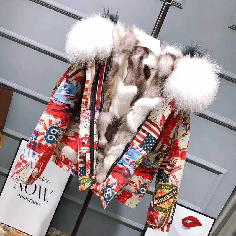 

Women's Park Real Fur Fox Fur With Hooded Collar Female Jacket Winter Warm Outwear Rex Rabbit Fur Lining Coat Femme Short Style