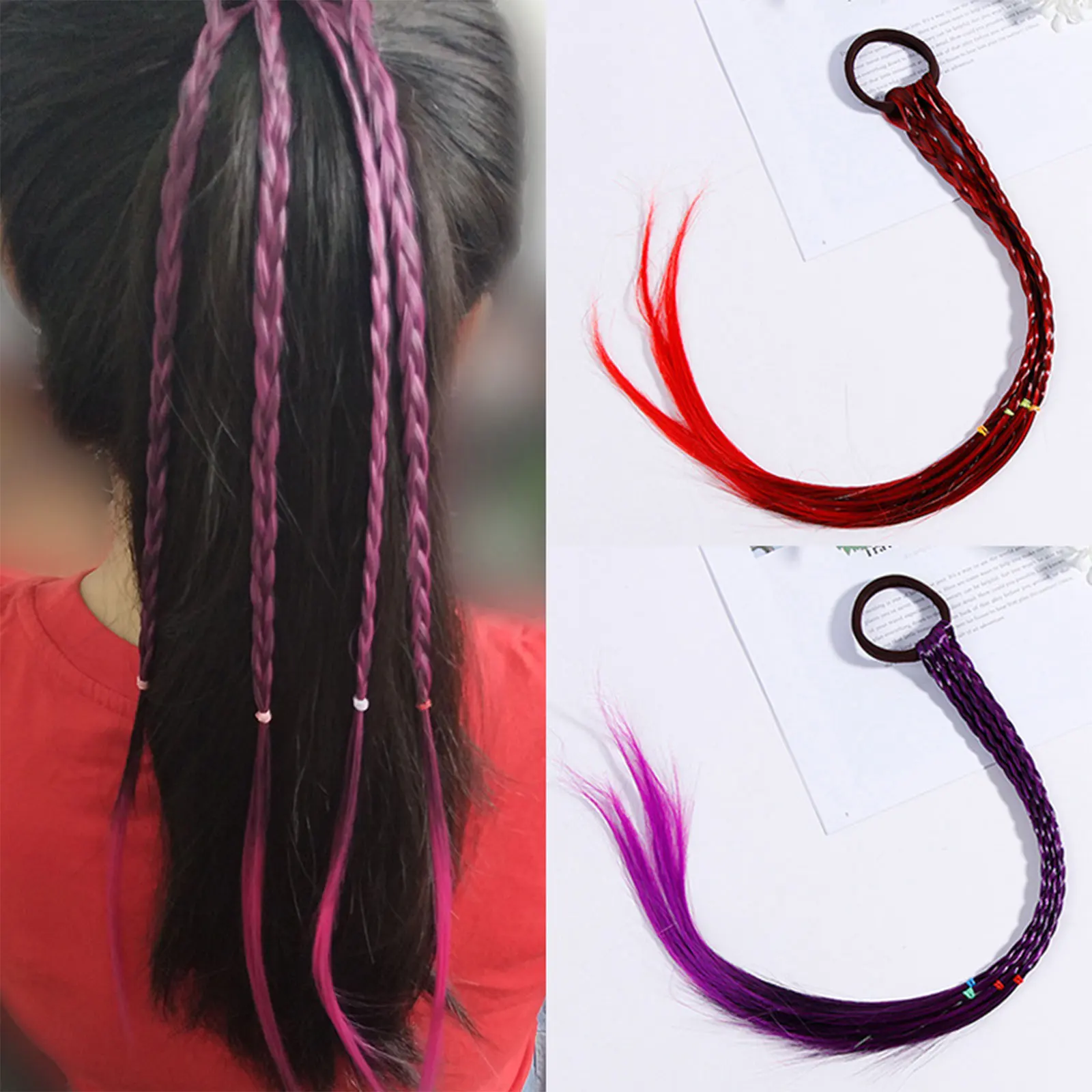 10PCS Assorted Colors Braided Ponytail Extension Wig with Elastic Rope for Kids Girls Parties Festivals Costume Hair Accessories