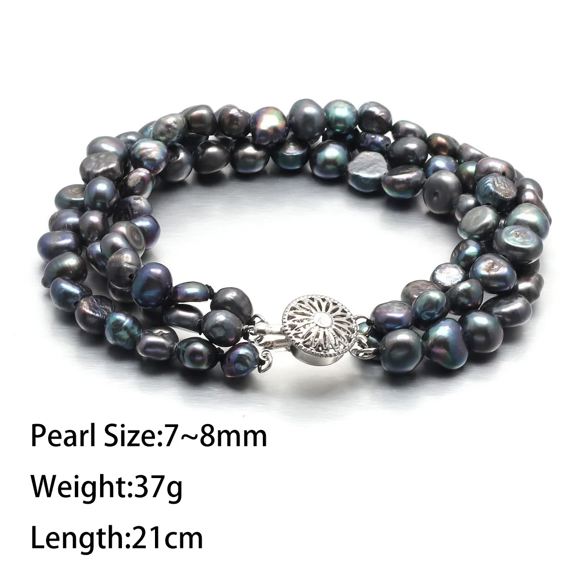 7-8mm Black Baroque 3 Rows Natural Freshwater Pearl Bracelets Jewelry Bangle for Women