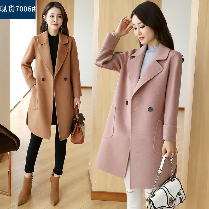 

Elegant Women Wool Coat Winter Casual Long Sleeve Woolen Cloth Medium Length Coat Turn-down Collar winter coats jk189