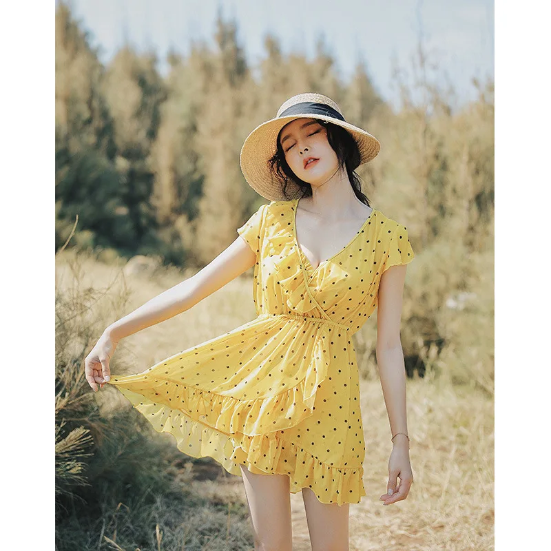 

South Korea Two-piece Swimsuits Women's Three-piece Set Bikini Graceful Skirt Belly Covering Small Bust Gathering Bubble Hot Spr