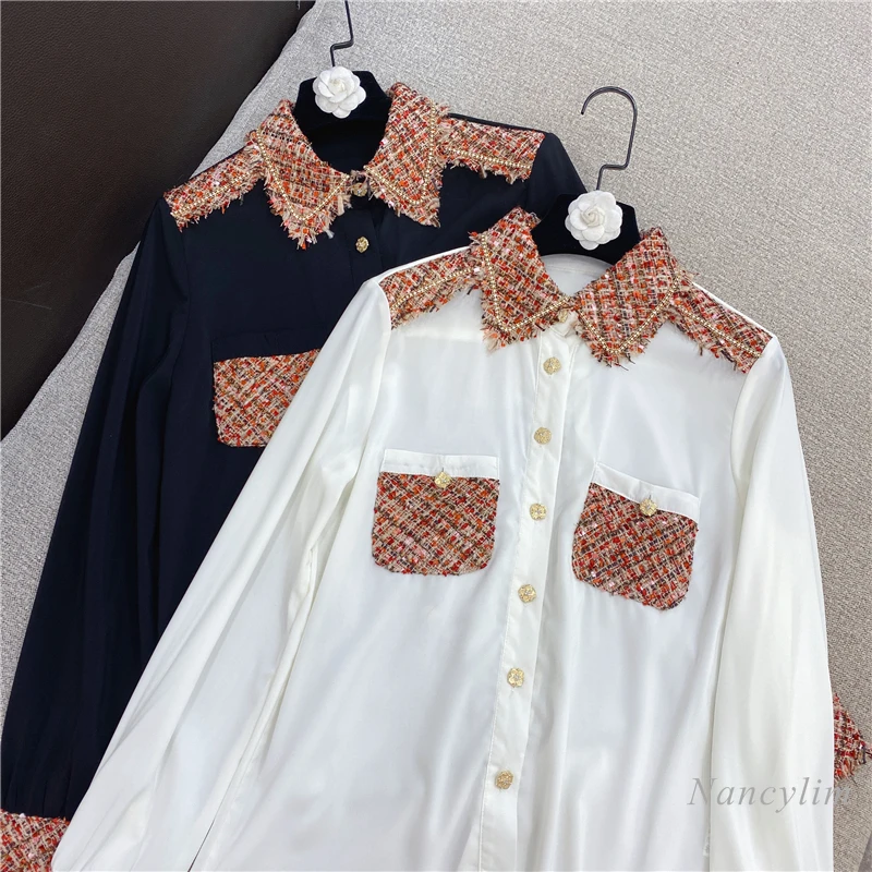 

Tweed Chiffon Shirt Women 2021 Spring Autumn New Elegant Buckle Long Sleeve Blouse Female Lady All-Match Tops Nancylim