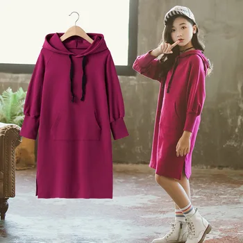 

2020 Autumn Children Hoodies Sweatshirt Dresses For Girls Long Sleeve Straight Dress Teenage Cotton Clothes 4 6 8 10 12 14 Years