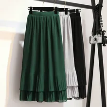 2020 New Spring Summer Skirts Women Chiffon Solid Long Skrits Casual Female Elastic Pleated High Waist Ruffles Skirt
