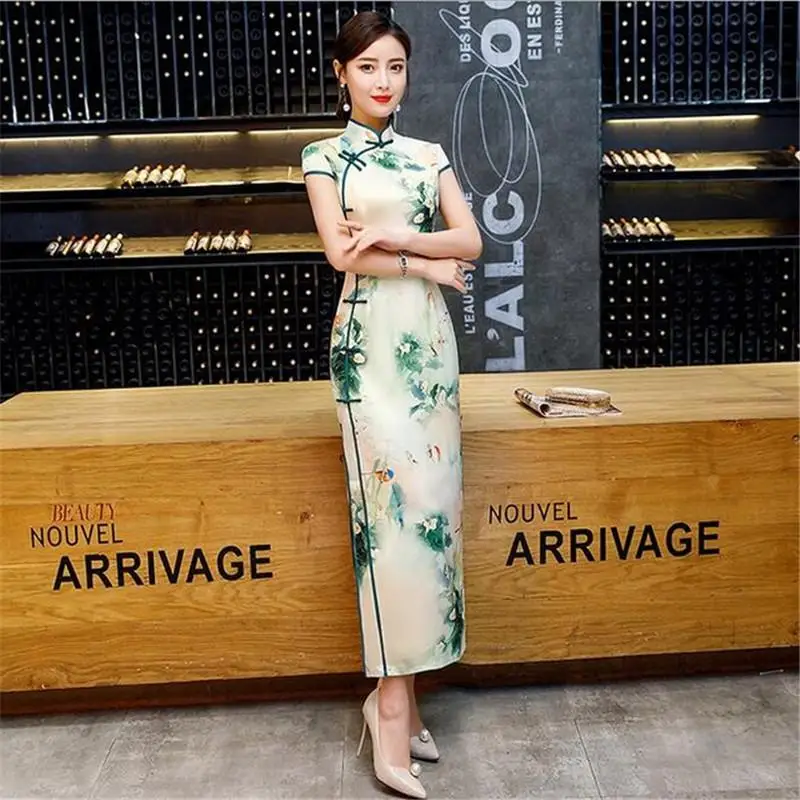 Королевский синий китайский женский современный Qipao платье Мандарин воротник сексуальный Cheongsam с цветочным принтом с коротким рукавом деловая Платья для вечеринок - Цвет: Green