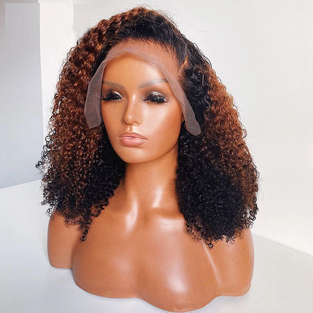 Ombre 1B 30 13*4 Lace Front Human Hair Wig African Kinky Curly Two Tone Remy Hair Brown Short Bob Wigs with Baby Hair