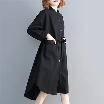 

Large Size Women Dress 2020 Spring Autumn New Solid Color Single-Breasted Long-Sleeved Dresses Loose Female Shirt Dress XIN339