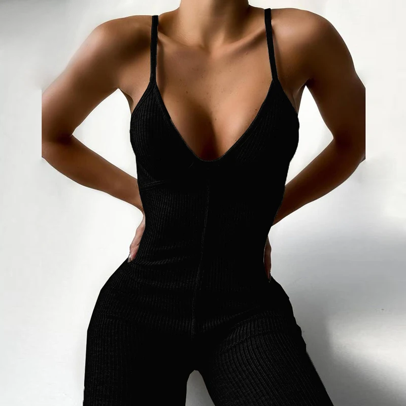 Elegant Off Shoulder Rib Knit Jumpsuit Women Rompers 2020 Sexy Sleeveless Jumpsuits Deep V Neck Backless Solid Skinny Bodysuit
