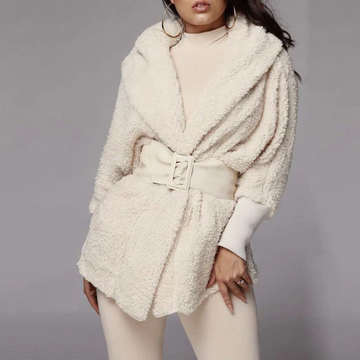 Новая мода пушистый с капюшоном с длинными рукавами пальто Открытый спереди Тедди шорты жилет комплект для женщин зима J9