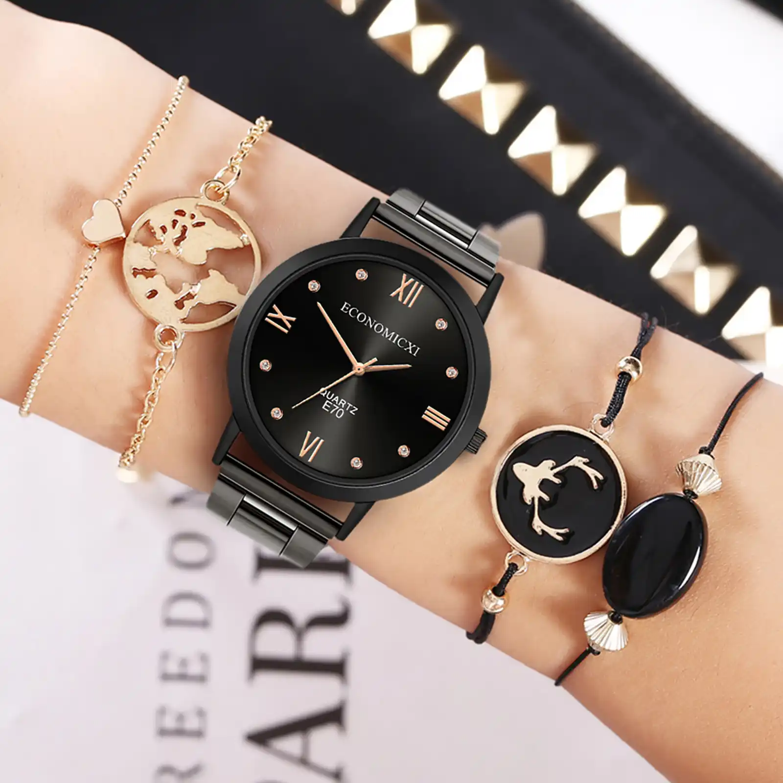 5個セットトップスタイルのファッションの女性の高級革バンドアナログクォーツ腕時計レディース腕時計ドレスリロイmujer黒時計 レディース腕時計 Aliexpress