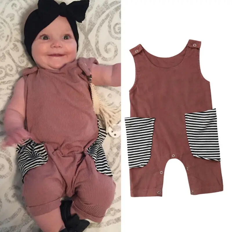 

Infant Newborn Baby Boy Girl O-neck Long Sleeve Striped Pocket Pactchwork Romper Bodysuit Summer Cotton Clothes Outfits 0-24M