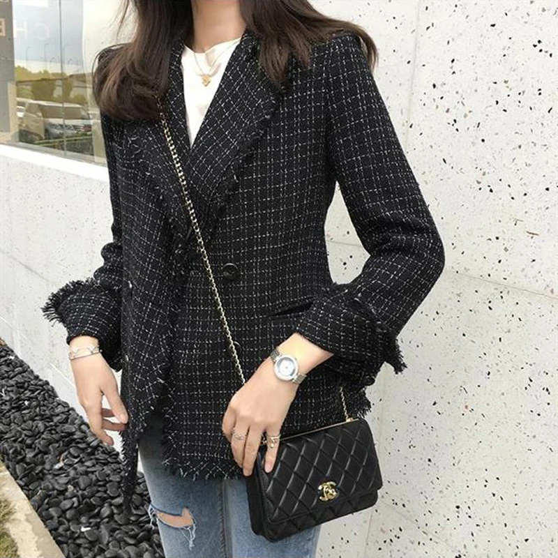 Heydress Осенняя Новая женская винтажная твидовый в клетку Блейзер Пальто Женская двубортная куртка с кисточками Femme офисная верхняя одежда