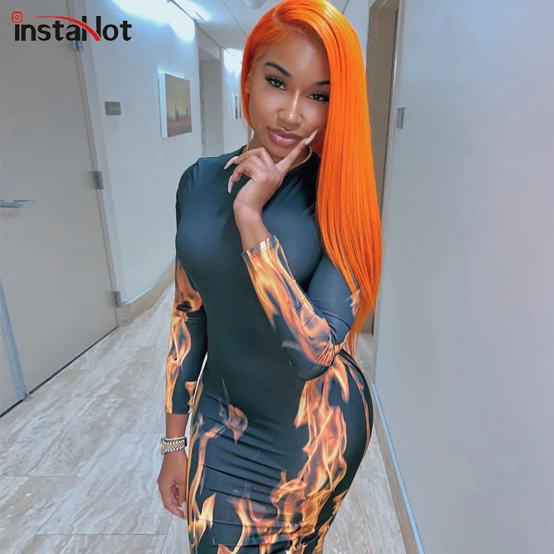 InstaHot пламя с принтом, платье с длинными рукавами и Для женщин осенние черные Повседневное уличная женская O-ncke облегающие, зауженные модные платья для девочек