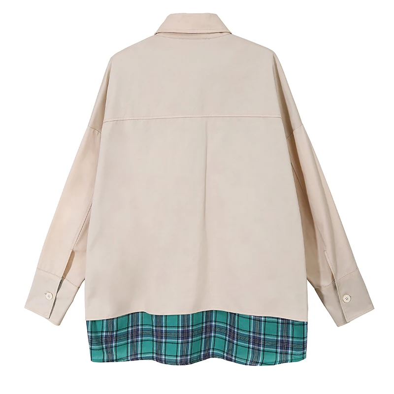 Fake Two Woman Autumn Black Khaki Plaid Patchwork