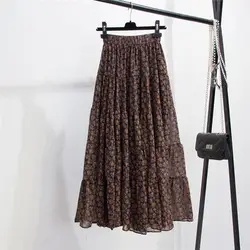 Осень-зима 2019, Новое поступление, Однотонная юбка с цветочным рисунком, трапециевидная юбка с высокой талией, шифоновая юбка средней длины