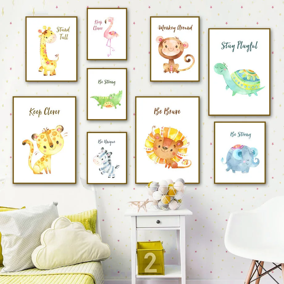 Настенная Картина на холсте малыш Лев зебра жираф слон Обезьяна мультфильм