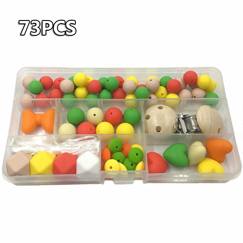 73PCS Teether Set Лидер продаж силиконовый и деревянный Прорезыватель набор шестиугольной молярной Соска с бусами цепочка ожерелье браслет аксессуары зубной прорезыватель для малышей прорезыватель грызунок силиконовые бусины - Color: 73PCS Teether Set