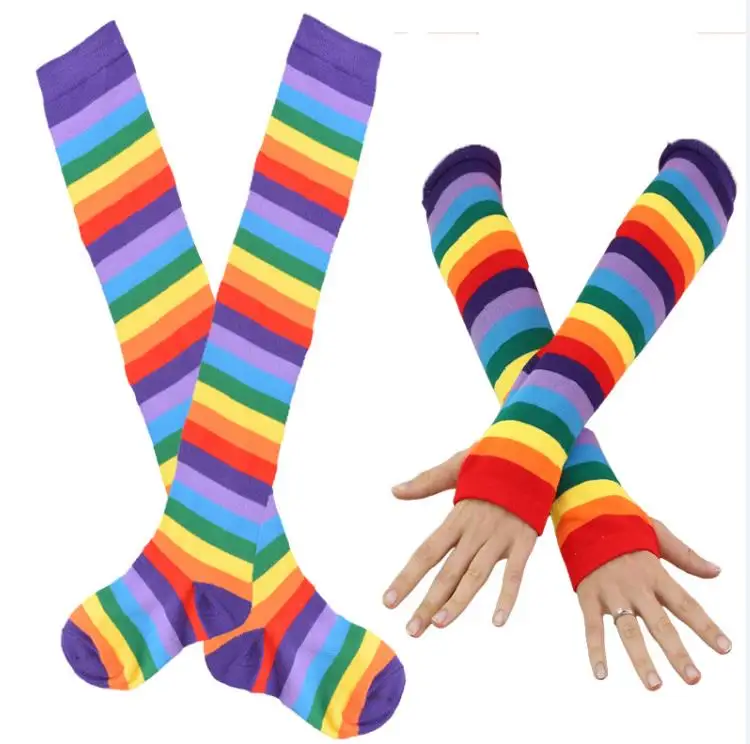 Женские носки до бедра, полосатые тонкие гетры, радужные рукавицы, перчатки, радужные гетры - Цвет: Socks and Gloves