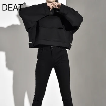 

DEAT 2020 New Spring Autumn Round Neck Long Sleeve Black Split Joint Loose Temperament Big Size Sweatshirt Women Fashion JH3570