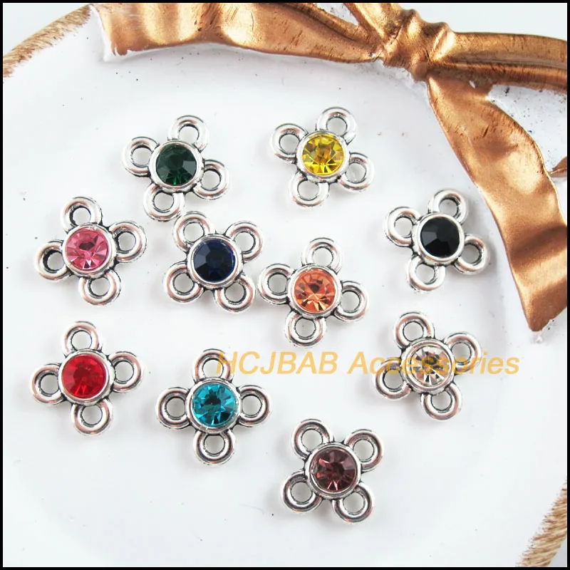 

20 New Clover Charms Tibetan Silver Tone Retro Mixed Crystal Connectors 15mm