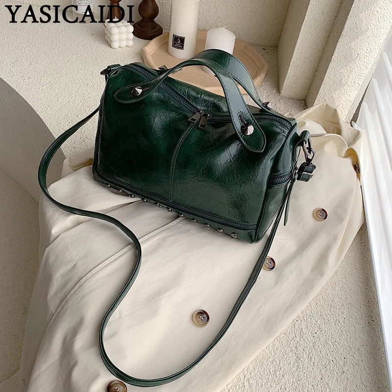 

YASICAIDI 2019 Luxury Oil Wax Leather Women Handbags Glossy PU Female Crossbody Shoulder Bag Satchel Top-Handle Ladies Hand Bags