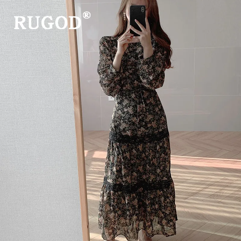 RUGOD Boho шикарное корейское Цветочное платье макси с длинными рукавами Топ для женщин женские платья элегантные плиссированные сборные талии шифоновые топы