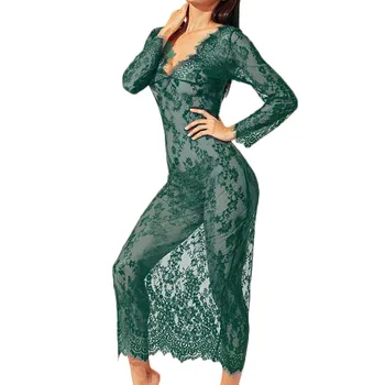 

New Women Nightdress +Thong Long Sleeved Lace Perspective Sexy V-Neck Lace Lingerie Sleepwear Long Dress Underwear Babydoll *X
