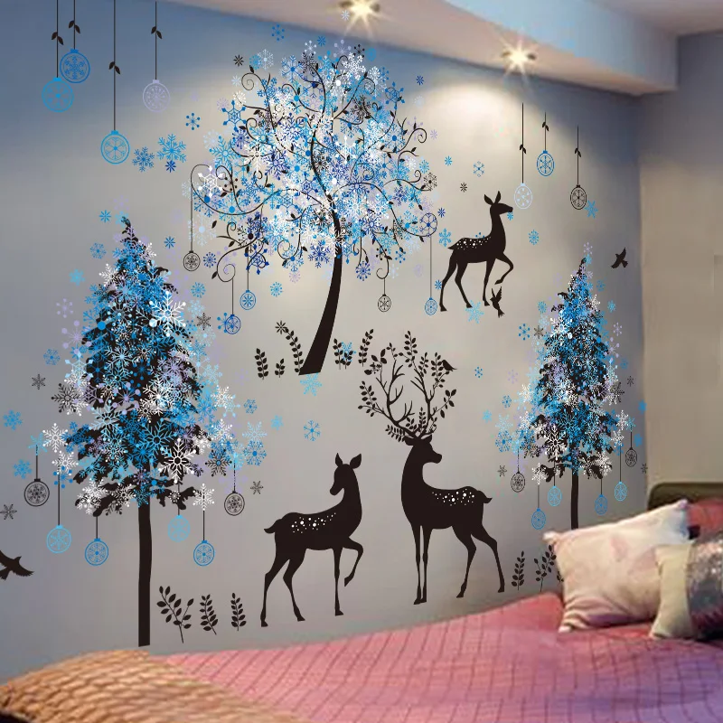 

[shijuekongjian] Snowflakes Trees Black Deer Wall Stickers DIY Animal Wall Decals for Living Room Kids Bedroom House Decoration