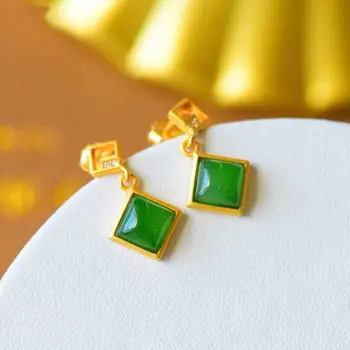 

New silver inlaid natural Hetian Jasper small square geometric Diamond Earrings Chinese classical fresh women's brand jewelry