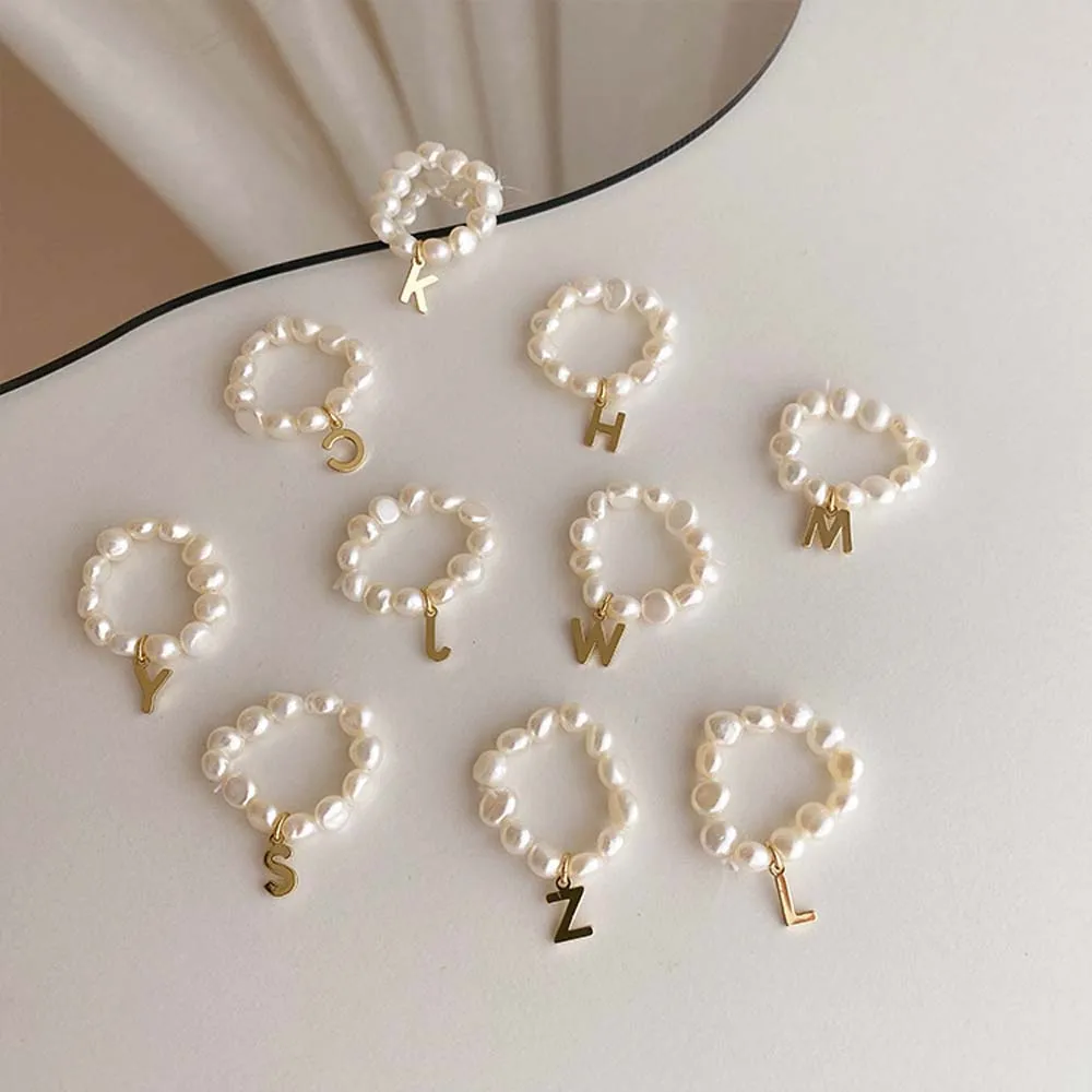 Finger Ring Elegant Simple Pearl Ring Woman Finger Ring Letter Pendant Continuous Circle Pearl Bead Minimalist Fashion Jewelry Gift
