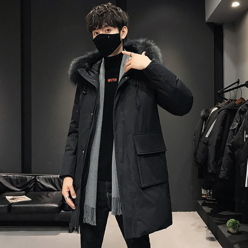 Winter Raccoon Fur Collar Hooded Down Jackets Men 60% White Duck Down Pockets Thicken Warm Fashion Long Coats white puffer coat