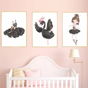 

Baby Girls Nursery Ballerina Wall Art Swan Princess Black Ballet Slipper Print Kids Canvas Printing Pictures For Living Room