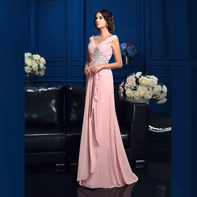 Elegantní růžová matka z  nevěsta šaty a-line bez rukávů v-neck složence šifon korálkování svatební matka soumrak ples večírek gowns