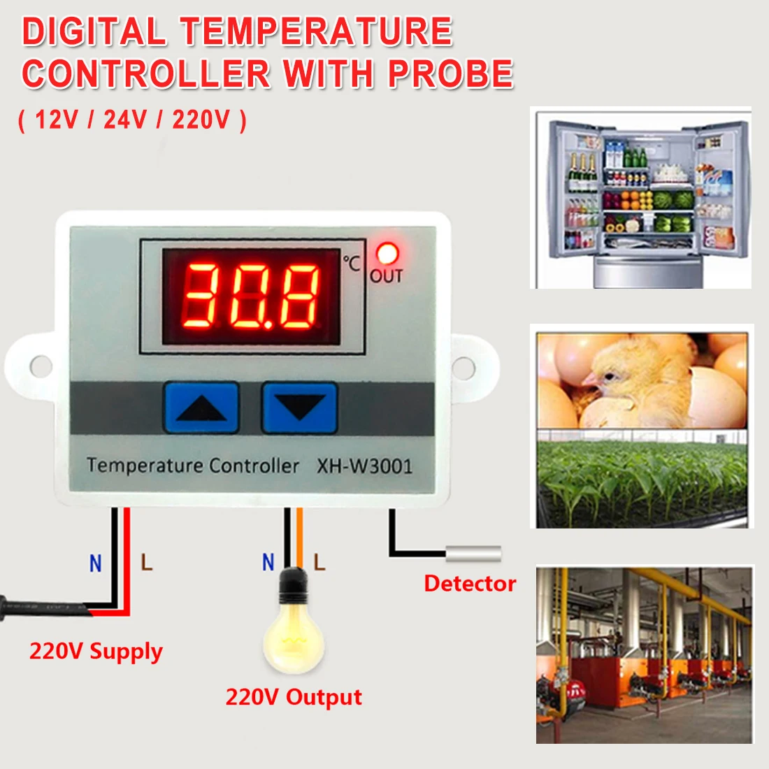 

LED Digital Temperature Controller Thermostat Thermoregulator Sensor Meter Incubator Fridge Heating Cooling 12V/ 24V/ 220V