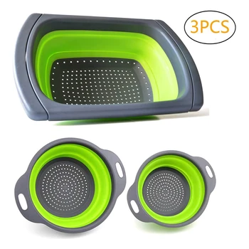 

3PCS Collapsible Silicone Colander Foldable Drain Strainer Basket Fruit Vegetable Washing Basket Strainer with Handle Kitchen