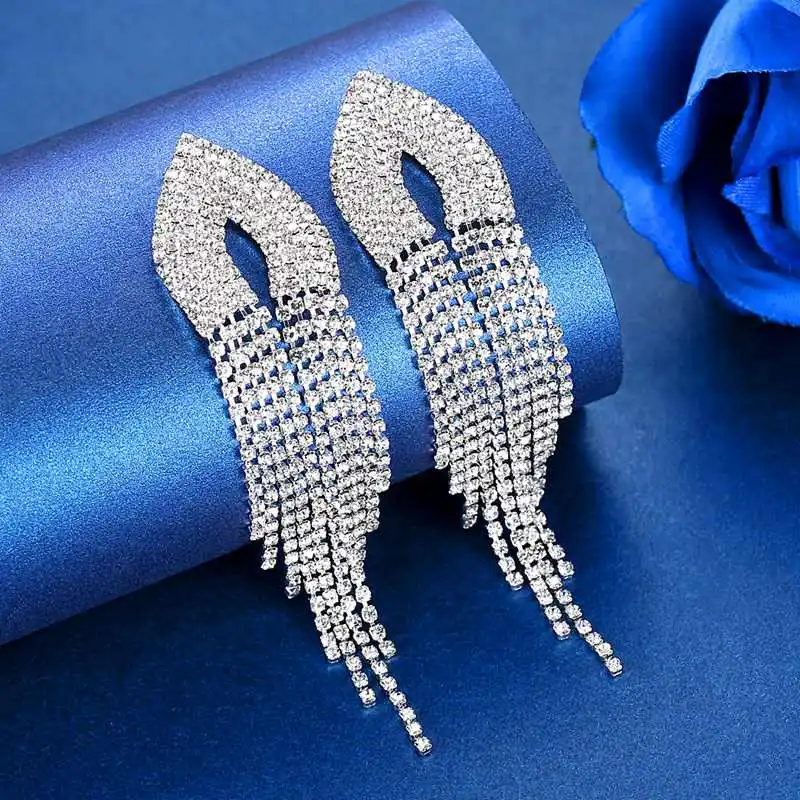 Серьги-подвески Minlover серебристого цвета с длинной металлической кисточкой для женщин, корейские стразы, свадебные серьги с бахромой, ювелирные изделия MEH1647 - Окраска металла: MEH1637