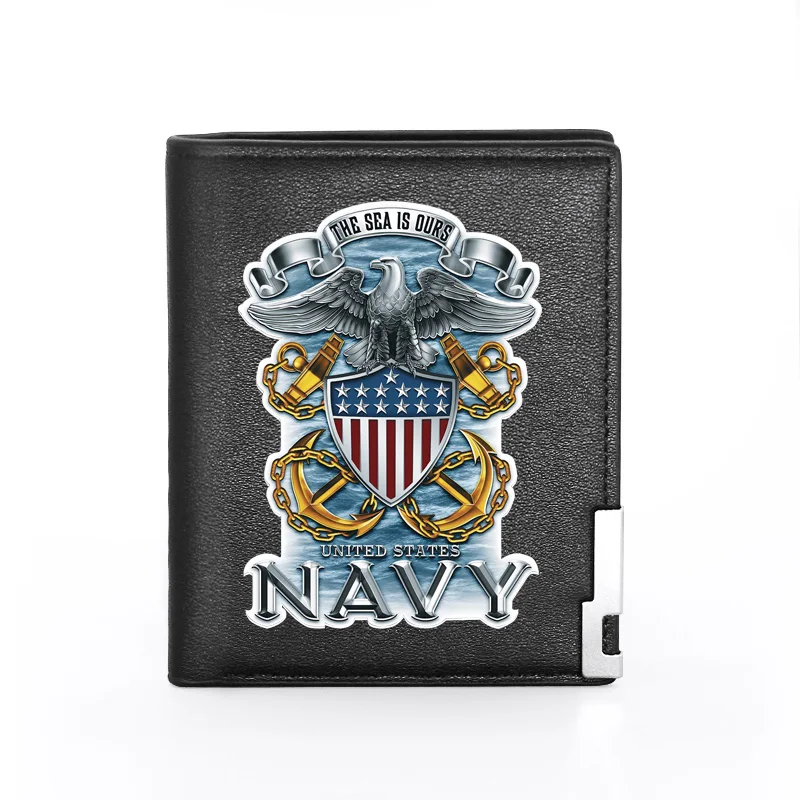 

Classic The Sea Is Ours United States Navy Design Printing Leather Wallet Black Short Purse