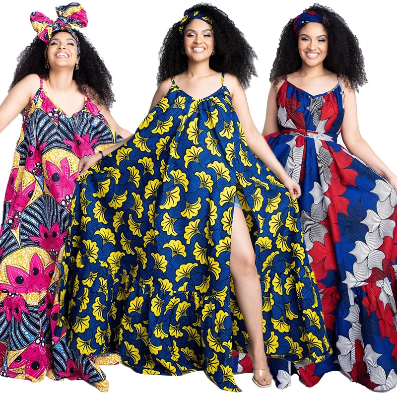 Loose African Maxi Dress Women 4XL Plus Size Spaghetti Strap Boubou Summer New Print Ruffle Patchwork African Beach Maxi Dresses african fashion style