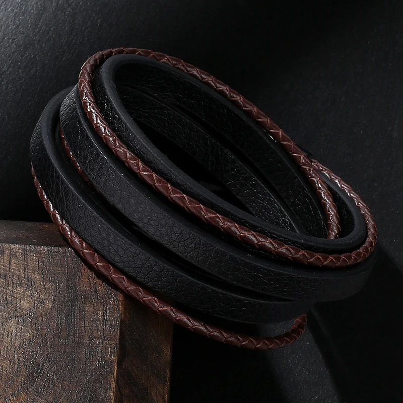Fashion Brand Jewelry Men Black Leather Rope Chain Stainless Steel Bracelet Man Vintage Hand Strap Women Bracelets 043
