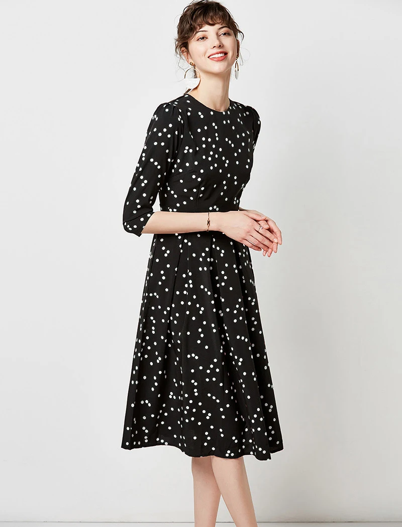 Платье с принтом для женщин 2019 винтажное элегантное драпированное платье с рукавом три четверти осеннее платье с круглым вырезом